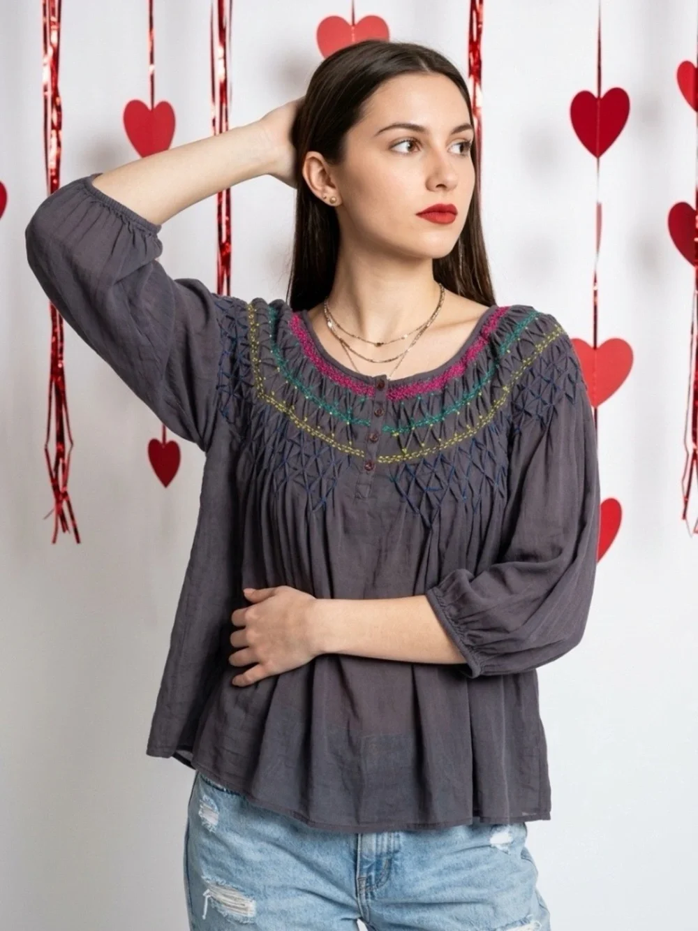Free People Embroidered Boho 3/4 Puff Sleeve Gray Top Size XS